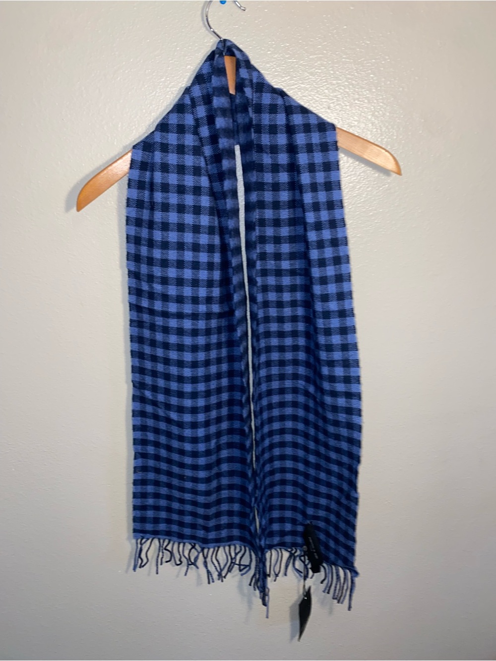 Porter & Ash London 100% Merino Wool Scarf Blue Black Check Plaid NWT